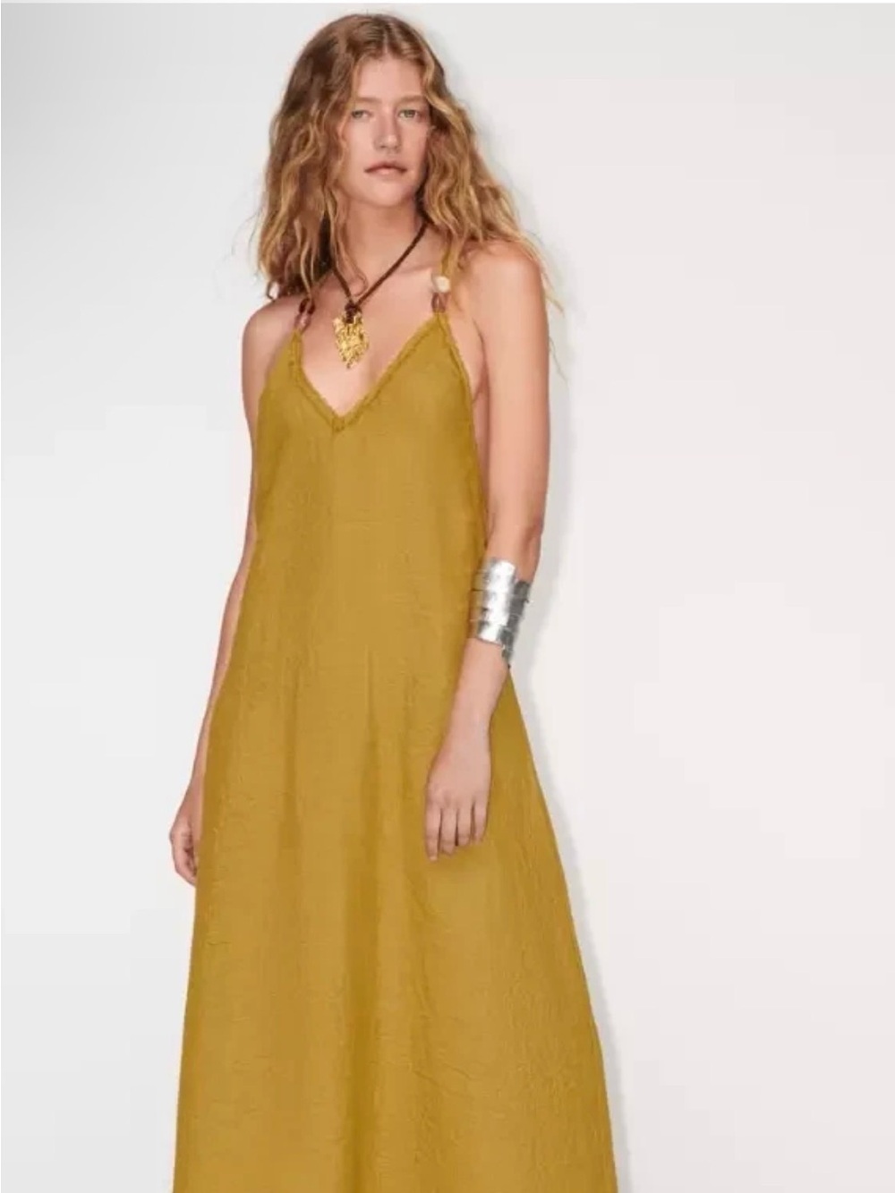 Zara Wrinkle Look Linen Blend Slip Maxi Dress with Spaghetti Stone Accent Straps